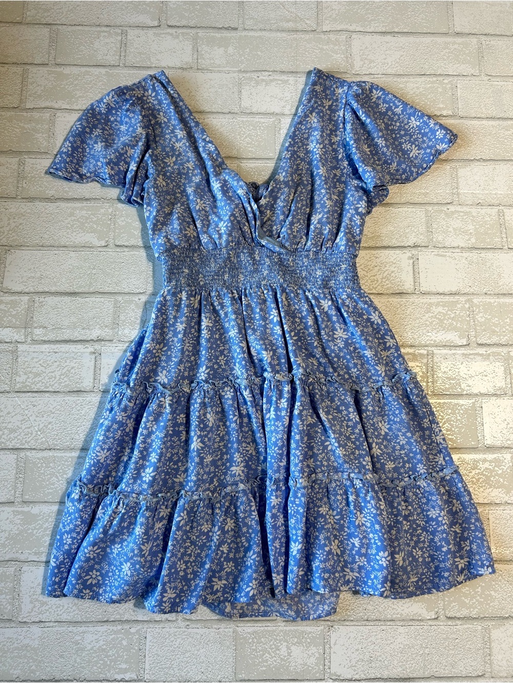 Altar’d State Blue Floral Tiered V-Neck Women's Dress Coastal Size XS